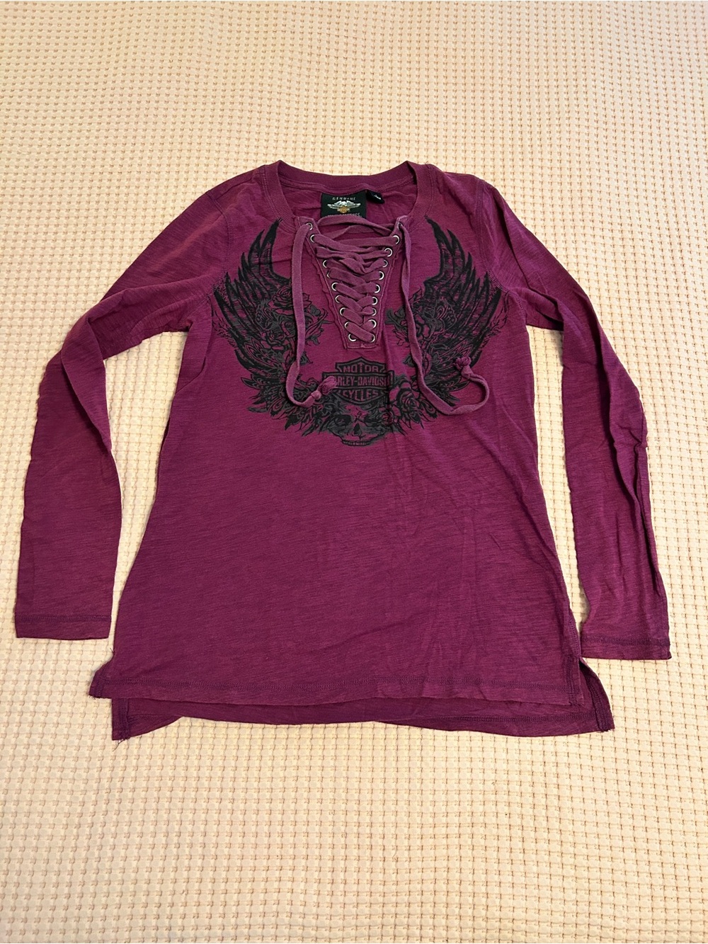 Harley-Davidson Women's Plum Lace-Up Long Sleeve Tee with Black Wing Graphic